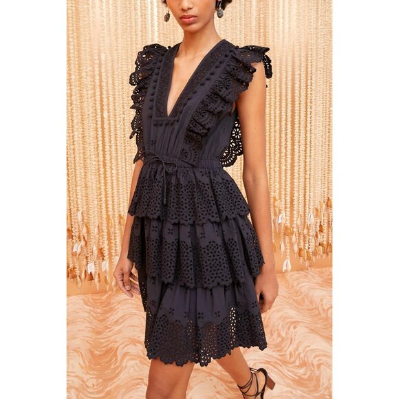 NEW ULLA JOHNSON  Lilith Eyelet Mini Dress in BLACK SIZE 2 - Picture 1 of 8